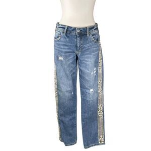 Anthropologie Blue Distressed Jeans with Leopard Stripe Side Panels
